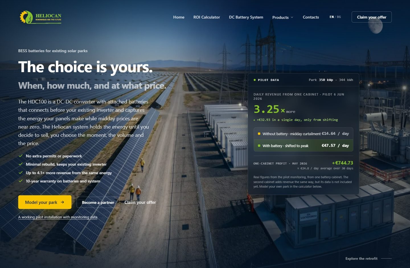 Heliocan website showing its solar battery proposition and pilot economics