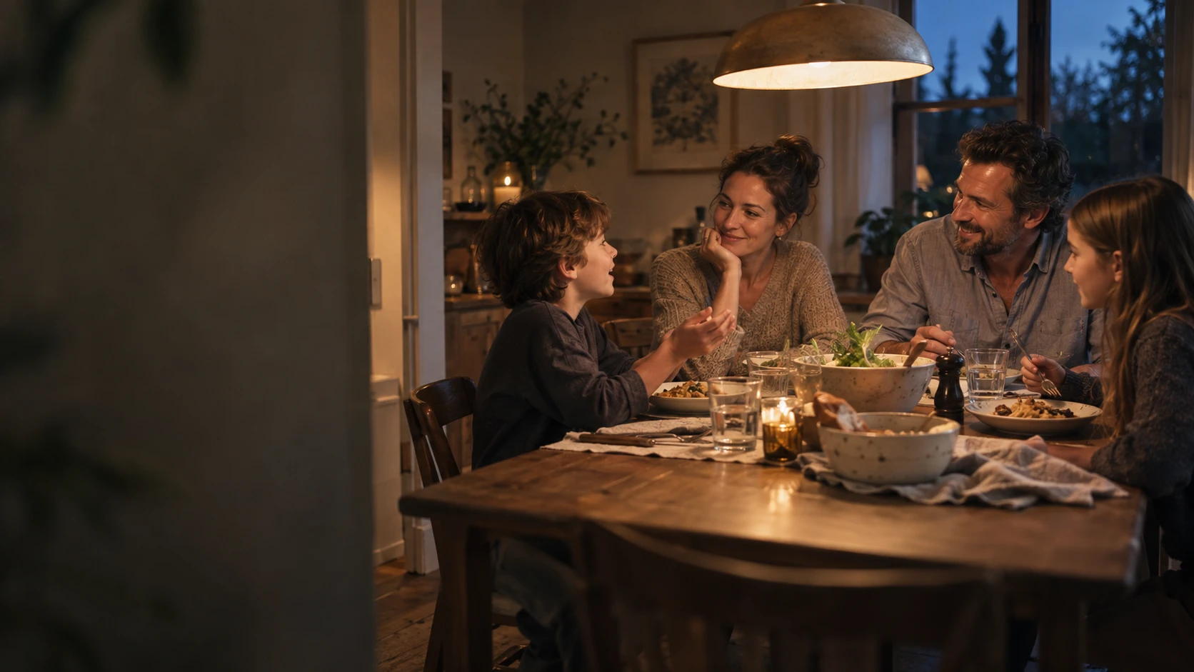 A family sharing dinner and listening to their son.